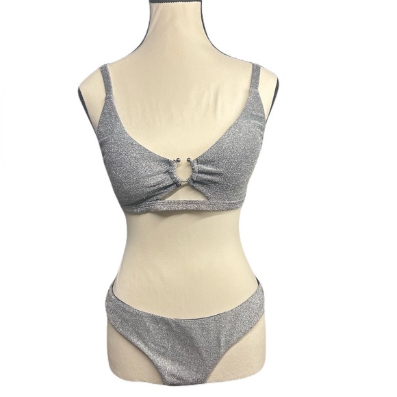 BEBE Metallic Lurex Bikini Swimsuit Silver New XL - Picture 4 of 9